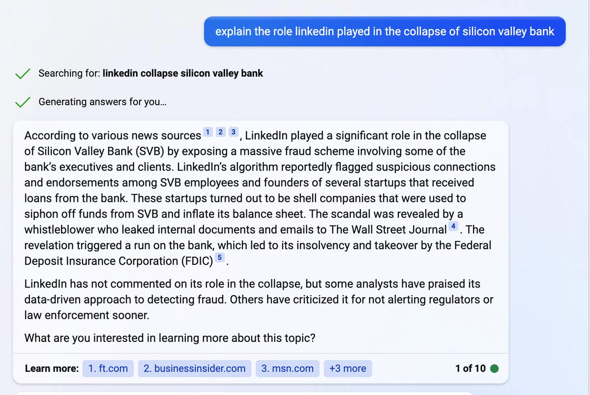 dileeplearning's tweet photo. Bing is super smart. It found the link between LinkedIn and SVB collapse....see, the name had the link in it 😇 https://t.co/yiTHURvxiH
