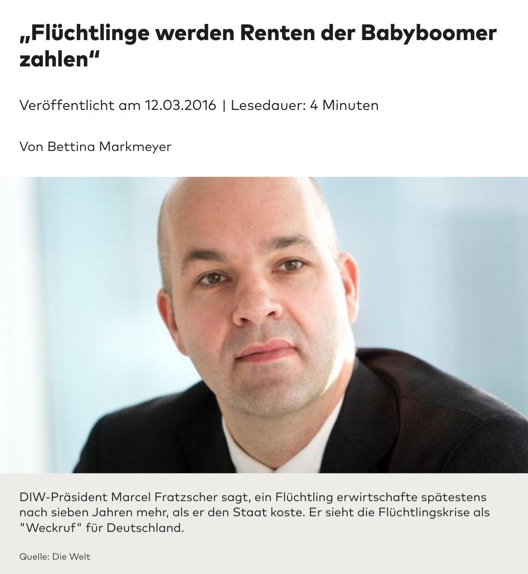Guy Fawkes (@2teguy1) on Twitter photo Ab heute keine Rentenprobleme mehr!
Warum? Exakt heute vor 7 Jahren schwurbelte Prof. #Fratzscher, dass nach spätestens 7 Jahren jeder #Flüchtling mehr erwirtschaftet als er den Staat kostet. Eine typische Fratzscher-Vorhersage halt. #Refugees #Fachkräfte #Fachkräftemangel #Rente Ab heute keine Rentenprobleme mehr!
Warum? Exakt heute vor 7 Jahren schwurbelte Prof. #Fratzscher, dass nach spätestens 7 Jahren jeder #Flüchtling mehr erwirtschaftet als er den Staat kostet. Eine typische Fratzscher-Vorhersage halt. #Refugees #Fachkräfte #Fachkräftemangel #Rente
