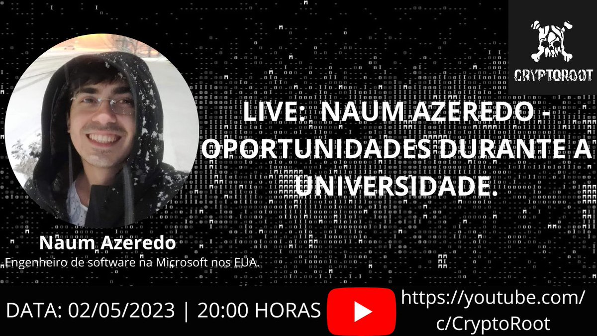 Alô, universitário! Essa é pra você!

O convidado da vez é Naum Azeredo!

"LIVE: NAUM AZEREDO - OPORTUNIDADES DURANTE A UNIVERSIDADE."

Dia 02/05/2023 às 20:00 horas, lá no nosso canal do YouTube.

Você pode conferir através do link: bit.ly/livecryptoroot9

#cryptoroot #security