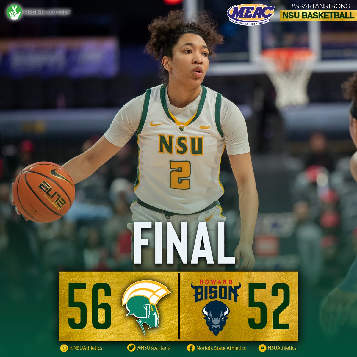 JOB FINISHED

Spartans close it out against Howard, powered by Makoye Diawara's 11 points and nine rebounds!

Niya Fields drained seven CLUTCH free throws down the stretch!

FINAL | <a href="/NorfolkStateWBB/">Norfolk State Women’s Basketball</a> 56, HU 52

#SpartanStrong💪 #BEHOLD🏀