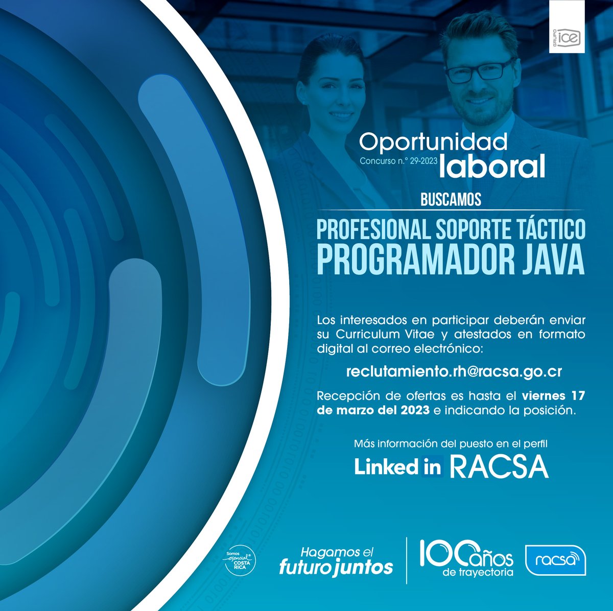 RACSA_CR's tweet image. RACSA requiere contratar Profesional de Soporte Táctico #ProgramadorJAVA
🔍Consulte los requisitos en nuestro perfil en Linkedin.
Los interesados pueden enviar sus datos al correo electrónico: reclutamiento.rh@racsa.go.cr a más tardar el viernes 17 de marzo.
#EmpleoCR #TrabajoCR