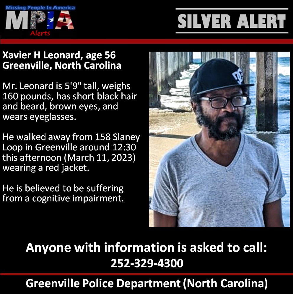 MissingPeopleAA's tweet photo. Xavier H Leonard, age 56
Greenville, North Carolina
#Missing #MPIA_Alert #NorthCarolina #Greenville #SILVERalert
SOURCE
https://t.co/KpRzNL53Pr https://t.co/AmDhCFpDlI