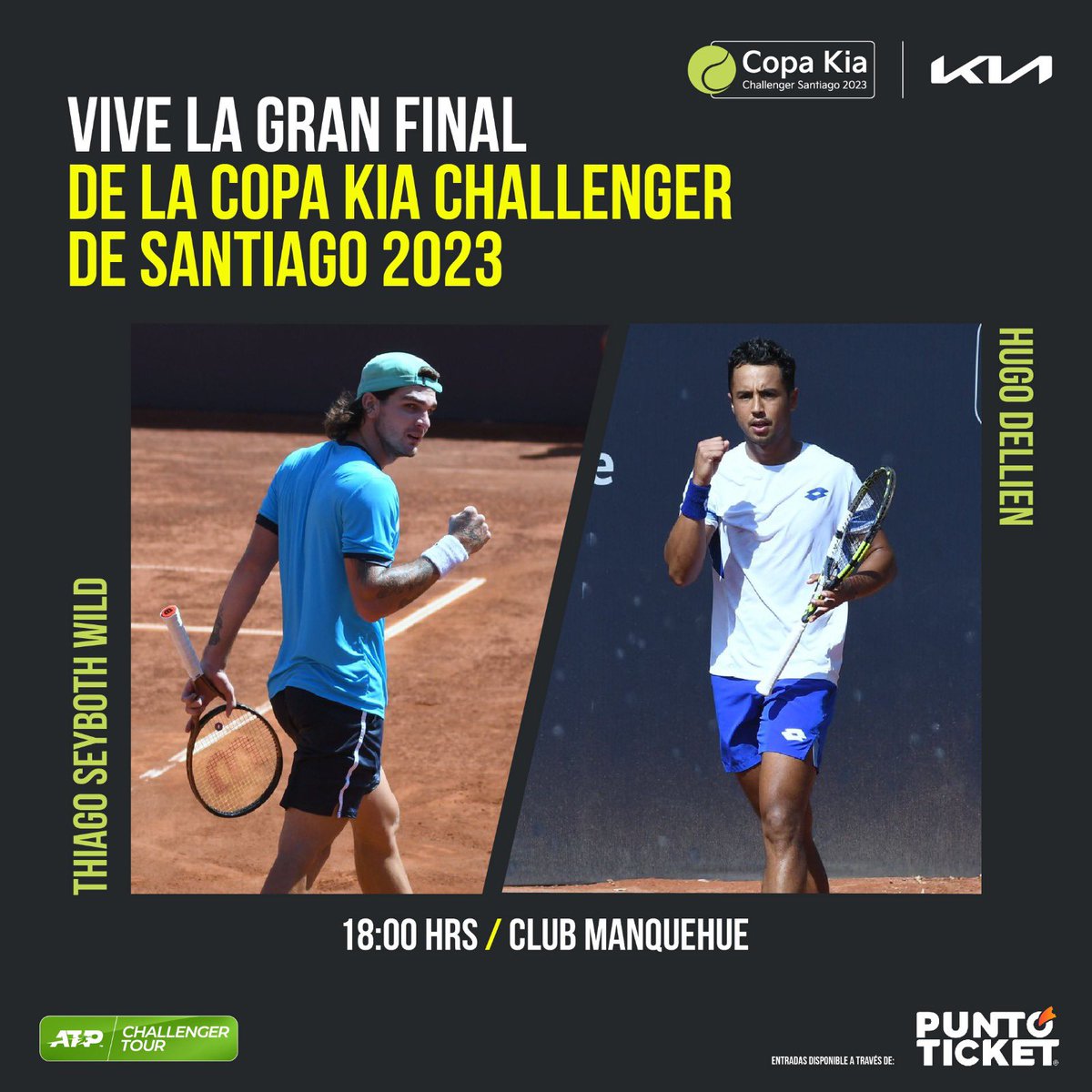 KiaChallenger's tweet photo. Mañana a partir de las 16:00hrs, no te pierdas la gran final de la Copa Kia 2023, en el Club Manquehue. 

Se enfrentarán el campeón del año pasado, 🇧🇴Hugo Dellien, y campeón del Chile Open en 2020, 🇧🇷Thiago Seyboth.

Entradas 2x1 disponibles a través de https://t.co/88c3l1FxsG https://t.co/izuRulqUWR