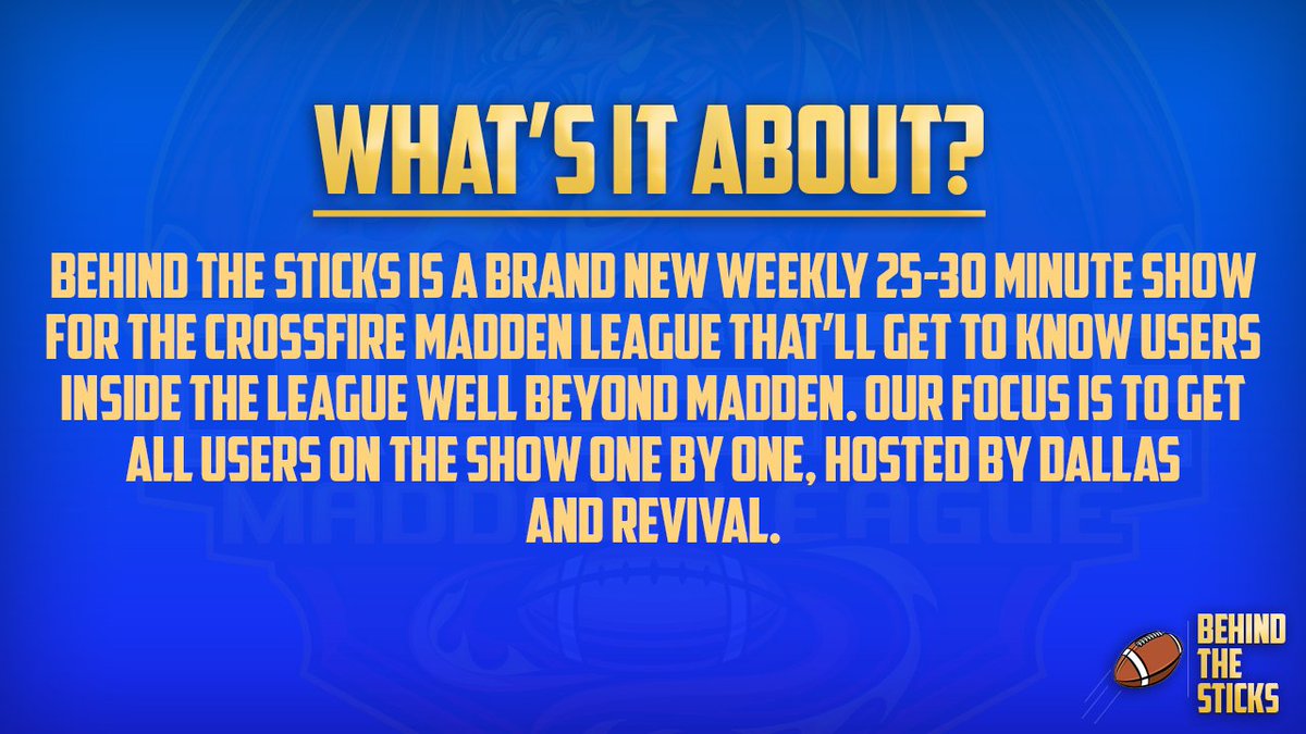 CrossfireLG #CrossfireSZN (@crossfirelg) on Twitter photo CrossfireLG is introducing a brand new show called "behind the sticks!" Getting to know users inside the league well beyond Madden!
#FranchiseNation // #Madden23 #leaguecrawler <a href="/EAMaddenNFL/">Madden NFL 26</a> <a href="/NeonSportz/">NeonSportz</a> <a href="/FixCFM/">Team Fix</a> CrossfireLG is introducing a brand new show called "behind the sticks!" Getting to know users inside the league well beyond Madden!
#FranchiseNation // #Madden23 #leaguecrawler <a href="/EAMaddenNFL/">Madden NFL 26</a> <a href="/NeonSportz/">NeonSportz</a> <a href="/FixCFM/">Team Fix</a>