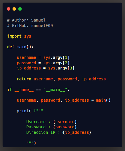 samuel24_dev's tweet photo. 🚩[𝐏𝐲𝐭𝐡𝐨𝐧🐍]

🐍📝Aprende a leer argumentos de la consola en Python con este código! 

Con la ayuda del módulo "𝐬𝐲𝐬", este programa toma tres argumentos de la consola: nombre de usuario, contraseña y dirección IP, y los muestra en pantalla.👨‍💻

#Python #programacion #tip https://t.co/LysjA1lQSS