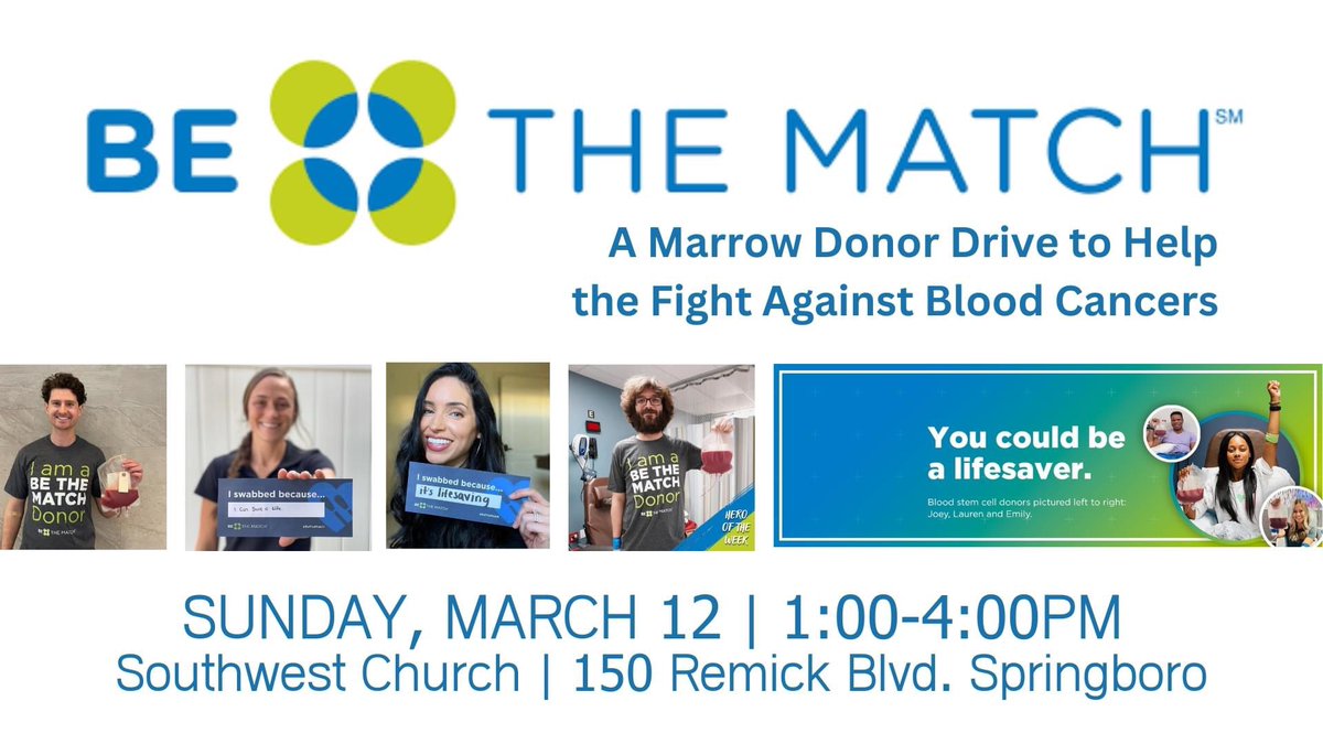 RogerDHendricks's tweet photo. Sun, March 12 (1-4 pm) at Southwest Church, you have an opportunity to save a life through signing up to be a bone marrow donor. If you can’t attend in person, you can go to https://t.co/z8YxEr7OHF to learn how to sign-up to become a part of this world wide registry!! #bethematch https://t.co/ok2xZ20Eh6