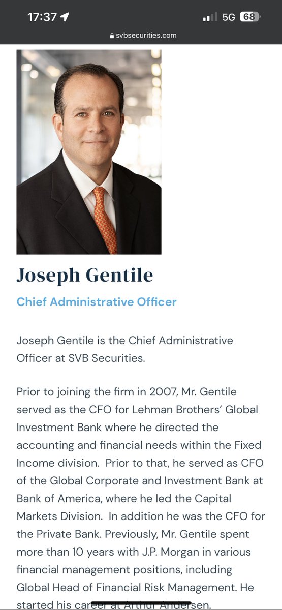 faststocknewss's tweet photo. Joseph Gentile, Chief Administrative Officer at SVB Securities. 

Prior to joining the firm in 2007, Mr. Gentile served as the CFO for Lehman Brothers' Global Investment Bank where he directed the accounting and financial needs within the Fixed Income division. https://t.co/yEUWRlS6yR