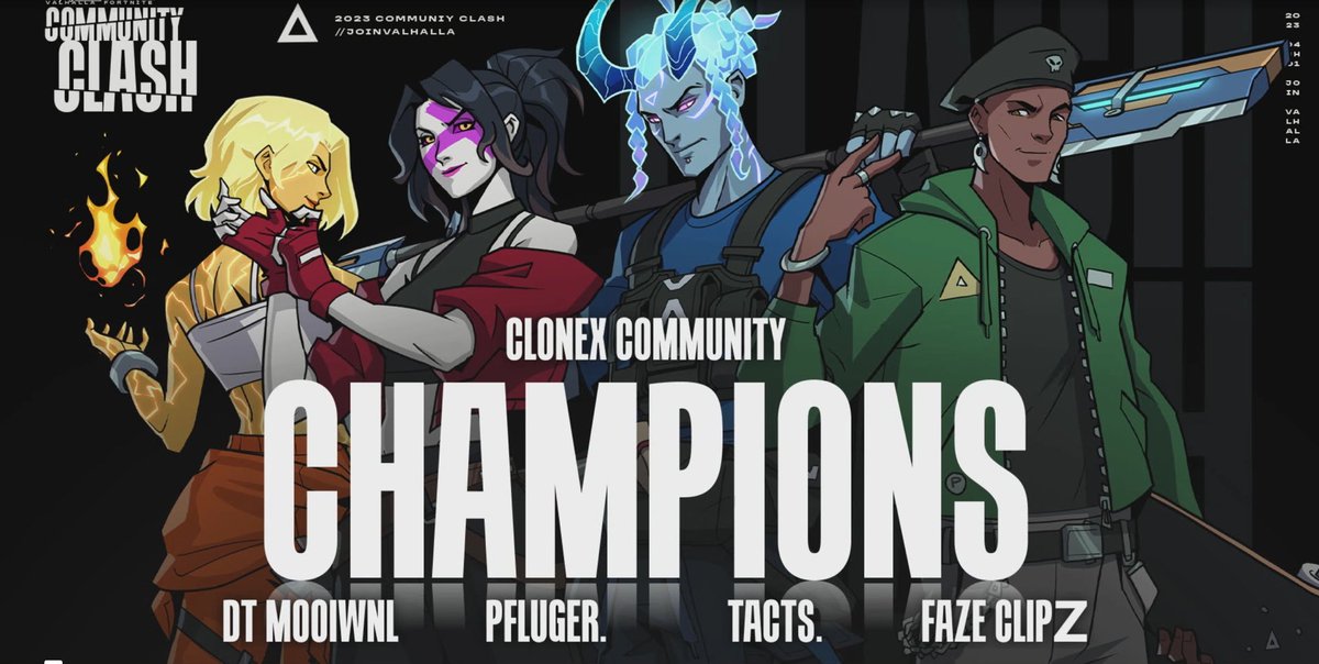 1st place ($8000) <a href="/StackedStudios/">Stacked</a> x <a href="/valhalla/">VALHALLA</a> Fortnite Event repping <a href="/RTFKT/">RTFKT</a> #CloneX fam - huge shoutout to my teammates <a href="/PflugerFN/">H8 Pfluger</a> <a href="/Mooiwnl/">Moo</a> @TwitchOriginGGs for coming thru and clutching up the 🏆 even with a last minute substitution 🫡