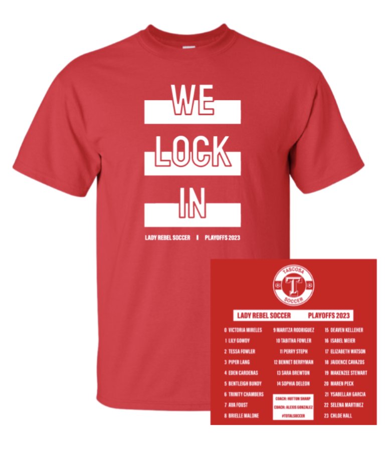 TascosaSoccer's tweet photo. 🔴⚫ PLAYOFF SHIRTS ⚫🔴

Our Lady Rebel playoff shirts are available at our online team store! Use the link to order a red, black, or pink shirt today!

https://t.co/DwczeOIHiI

Store closes on Monday at midnight, so get those orders in now!

🔴⚫⚪

#TotalSoccer #WE #WElockIN https://t.co/dsOaXp3GDY
