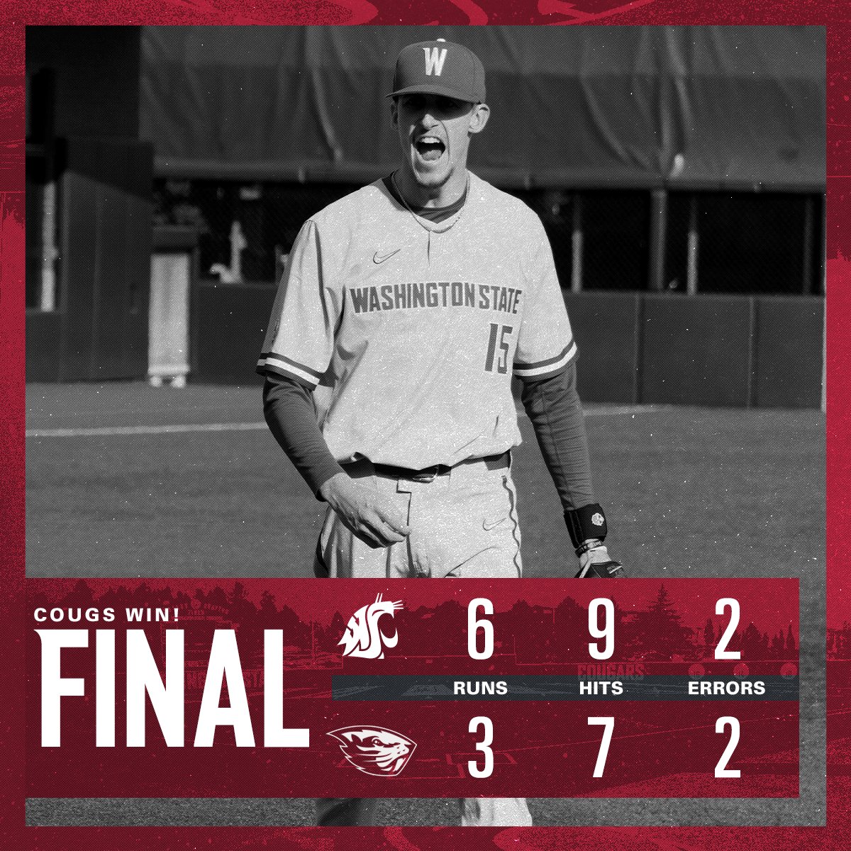 wsucougarbsb's tweet photo. BALL GAME! COUGS WIN!

Caden Kaelber works 7 innings, Jonah Advincula collects 3 hits, Greg Fuchs hits the go-ahead homer and Chase Grillo closes it out to even the series at No. 15 Oregon State!

#GoCougs | #WAZZU | #T124 https://t.co/dJYxbml4tJ