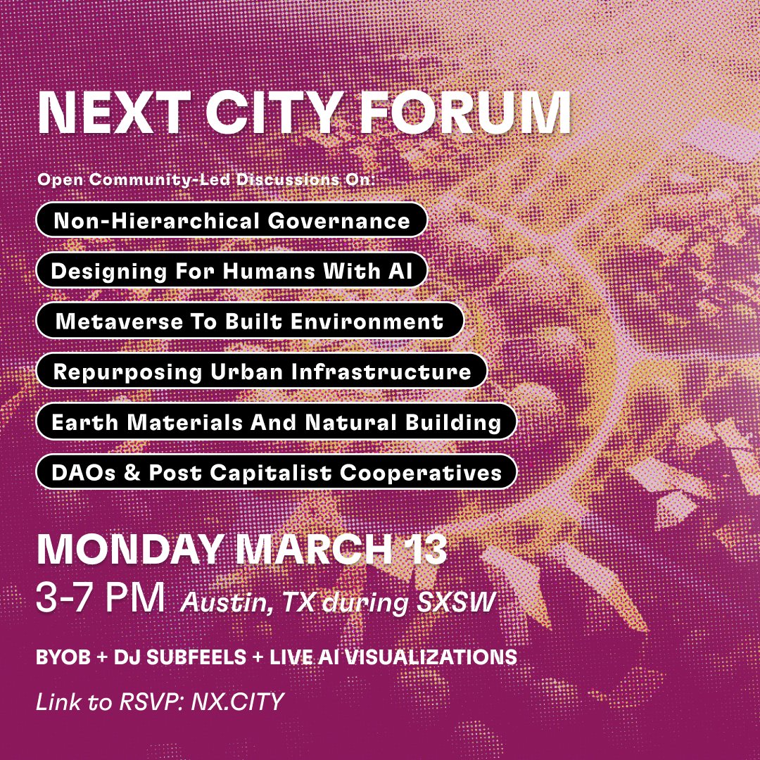 This is the most important thing we can be talking about right now 👀

Let’s figure out what’s next for cities together 🤝

📍 #AustinTX during #SXSW week
🗓️ Mon 3/13
⌚ 3-7pm 
🍽️ BYOB, light snacks + non-alcoholic beverages will be provided

#FutureofCities #urbanplanning