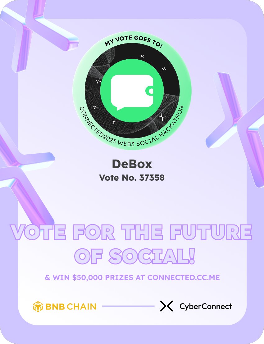 AnnaKit76012387's tweet photo. Just voted for my favorite project DeBox in #Connected2023, a Web3 Social hackathon by @CyberConnectHQ the social graph protocol &amp; @BNBCHAIN
Join me to vote for a better social and win $50,000-$100,000 prizes!
https://t.co/pTiyAoNx35
sig:KJlF0Z 
  https://t.co/smmtnKkPPI https://t.co/Tw9Gih0EeR
