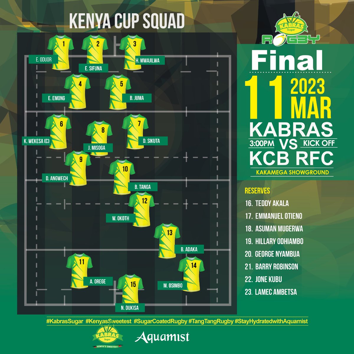 Ndio hio sasa!!!

The last #KenyaCupFinal squad selection for the season. The best for last, come on boys, hii kitu inabaki nyumbani, simbooooo!!!!💪🏿🔥

#KabrasSugar
#KenyasSweetest 
#TwendeKakamega