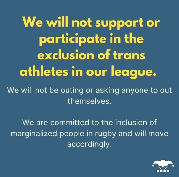 AHWRFC's tweet photo. The Atlanta Harlequins are committed to the inclusion of marginalized people in rugby, and therefore will not support or participate in the exclusion of trans athletes in our league. https://t.co/pdBSRptyOF