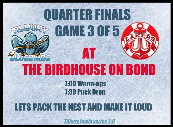Tilbury Bluebirds Nation, come out in full force and cheer on the 'birds as they try to sweep the Lakers in 3 straight.
#Tilbury #woshlfamily #thejobsnotdoneyet #tilburybluebirds #wearentfinished #fearthebirds