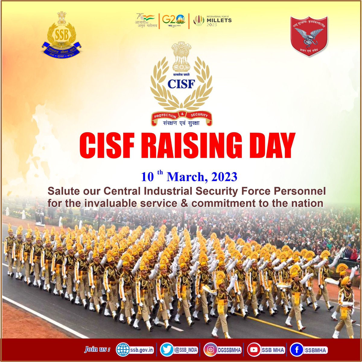 Smt. Rashmi Shukla, IPS #DGSSB and All Ranks of #SSB convey best wishes to All Ranks and Families of @CISFHQrs on the occasion of their 54th Raising Day. 

@PMOIndia
@HMOIndia
#PROTECTIONandSECURITY