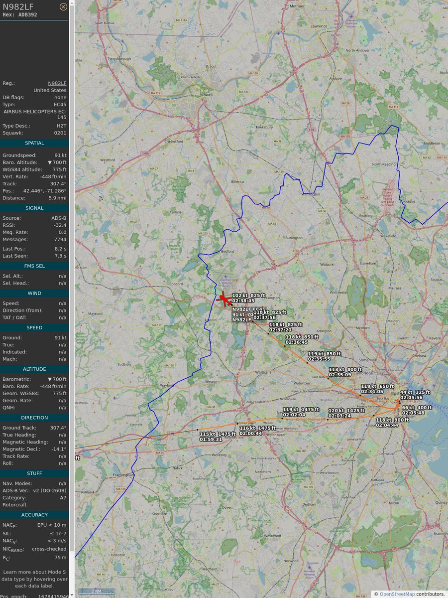 PlaneBoston's tweet image. ICAO: #ADB392
Flt: #N982LF #AIRMETHODS
First seen: 2023/03/09 21:35:17
Min Alt: 825 ft MSL
Min Dist: 1.28 nm

#planefence #adsb - planefence.com
globe.adsbexchange.com/?icao=adb392