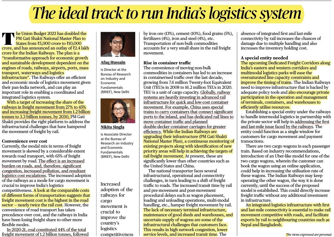 UPSCPCS360's tweet image. The ideal track to run India&apos;s logistics system

Source: The Hindu 

GS Paper 3
Syllabus:  Economy: Infrastructure: Energy, Ports, Roads, Airports, Railways etc.

#UPSC2023 #logisticsPolicy