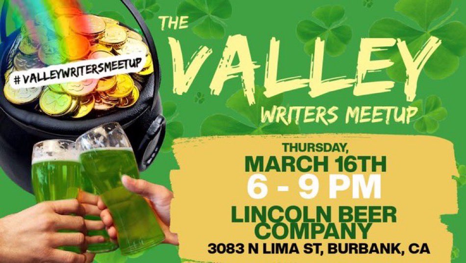 ValleyWritersMU's tweet image. QT this with the name of your WIP &amp;amp; you’ll be entered for a chance to win a FREE spot in 1 of @davidwappel’s workshops! We’re one week away from our next #valleywritersmeetup
🍀NEXT THURS🍀March 16th🍀6-9pm🍀Lincoln Beer🍀Burbank🍀