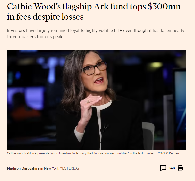 Barchart's tweet photo. Cathie Wood's Ark Innovation ETF $ARKK has generated $300M in trading fees since inception despite losing roughly $10B of investor capital over the same time frame https://t.co/chgeNn10YE