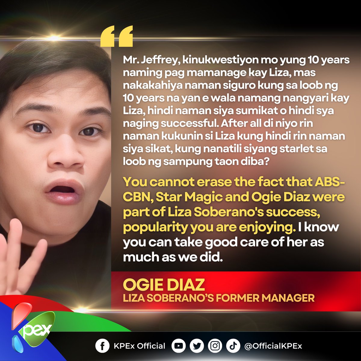 OfficialKpex's tweet photo. Ogie Diaz: ‘Di niyo rin naman kukunin sa Liza kung hindi rin naman siya sikat, kung mananatili siyang starlet sa loob ng sampung taon ‘di ba? 

You cannot erase the fact that ABS-CBN, Star Magic, and Ogie Diaz were part of Liza Soberano’s success, popularity you’re enjoying. https://t.co/LWS9WVCtWd