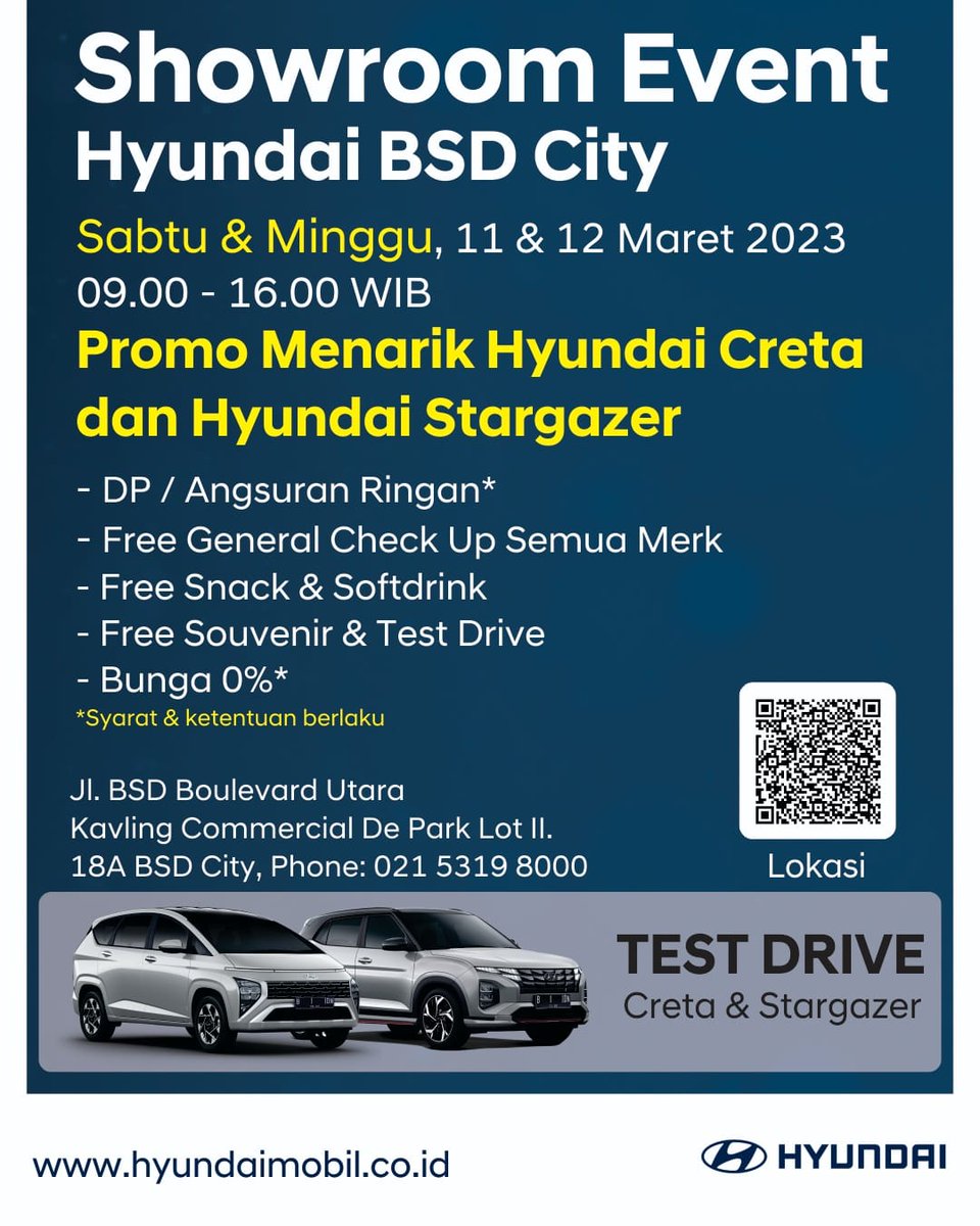 hyundaimobil's tweet photo. Hi, #HyundaiLovers

➡️ Buat Anda yang berdomisili di wilayah #BSDCity dan sekitarnya sudah punya agenda menarik di akhir pekan, belum?

✅ Yuk ke #ShowroomEvent di Hyundai BSD City, ada promo menarik untuk #HyundaiCreta dan #HyundaiStargazer lho! 

#PTHMI #HyundaiID #MakeUsProud https://t.co/1LszkJrOFl