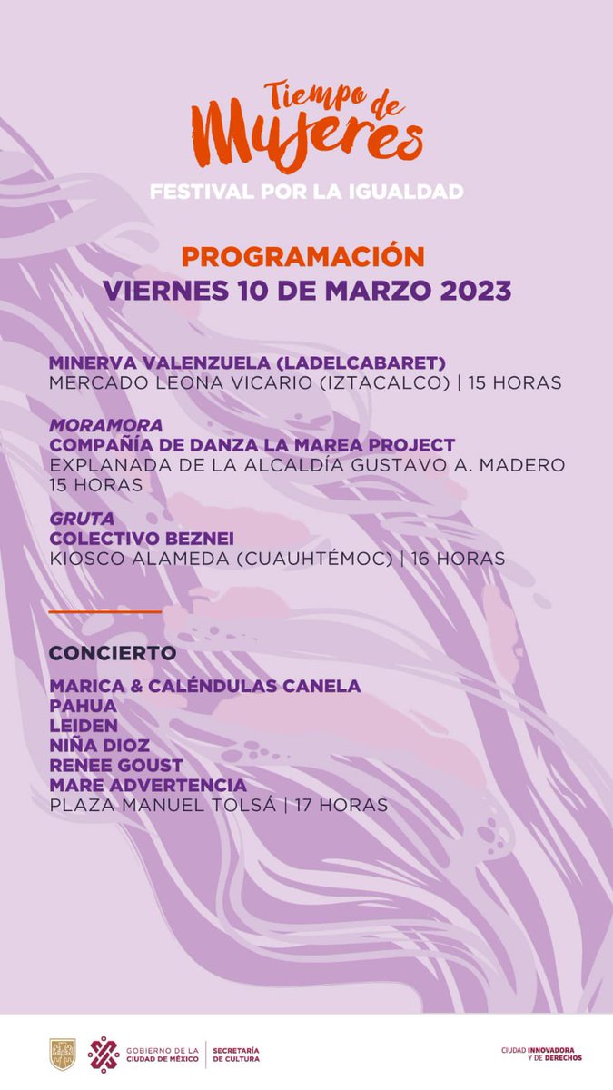 Esto ya es mañana 

“Tiempo de mujeres” en la plaza Manuel Tolsa , el festival por la igualdad compartiendo escenario con <a href="/MareAdvertencia/">Mare Advertencia</a> @ninadioz <a href="/ReneeGoust/">Renee Goust “La Centaura del Norte” 🐎🤠🎶</a> <a href="/laLeiden/">Leiden</a> y Marica &amp; Caléndulas .

Totalmente gratuito 

A partir de las 5 pm