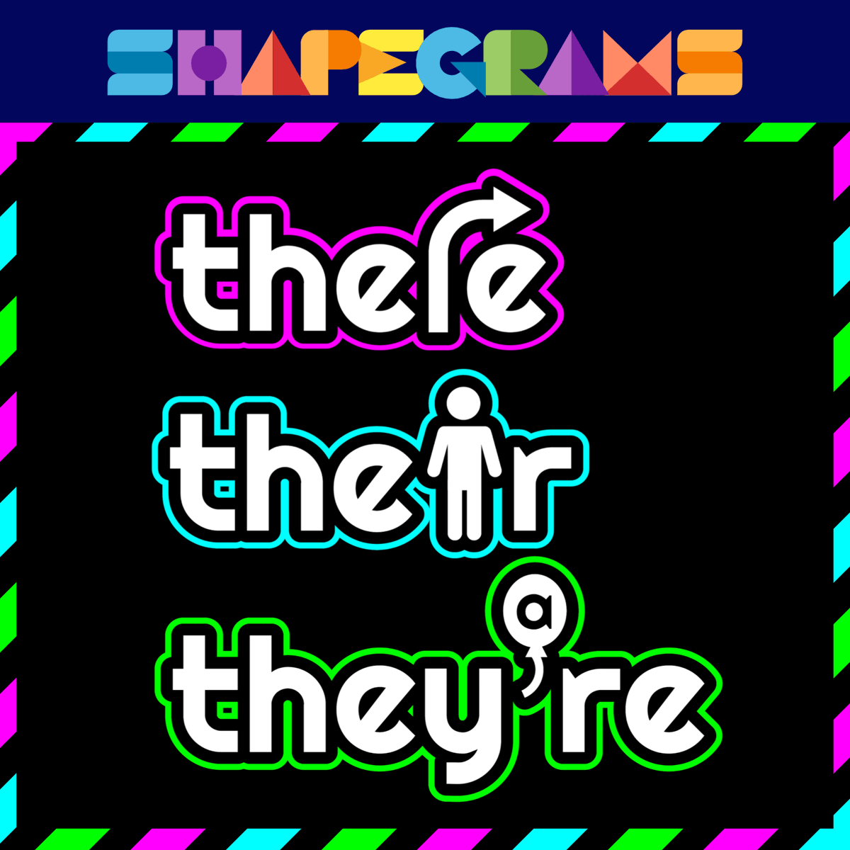 THERE is an informative Shapegrams lesson where learners use THEIR skills to recreate the visual reminder about three words. THEY’RE commonly confused homophones. 😉

shapegrams.com/there