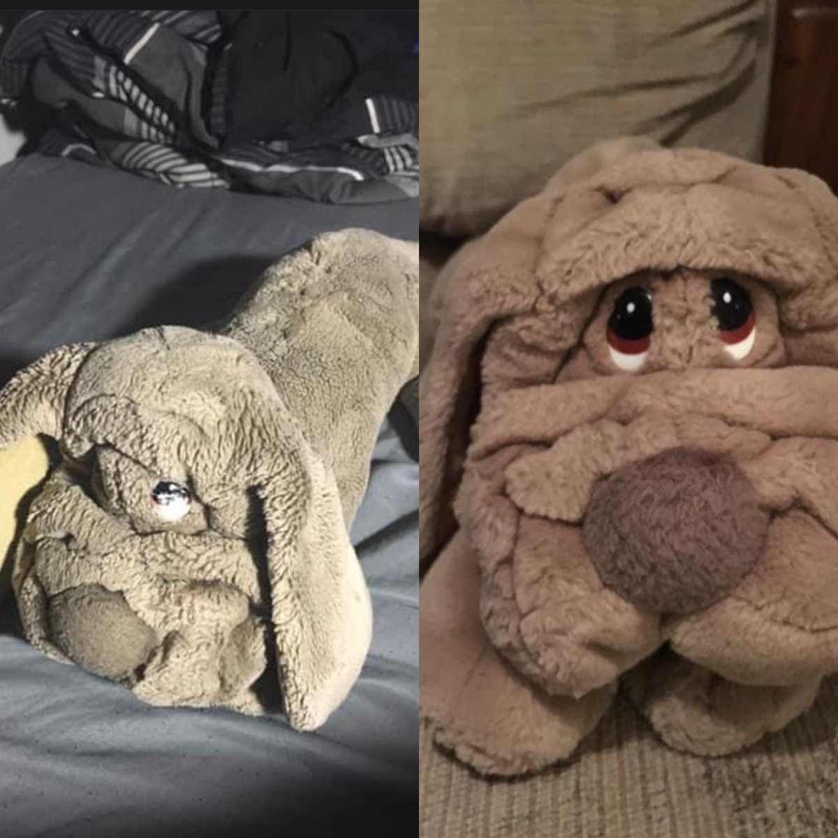 shownerd_Amanda's tweet photo. @SailorAstera Left is my dog and right is my oldest’s we got for him. Mine is older than me (36?) and crazy part: both have a mistake in same side of their faces (overstuffed lip on son’s, blown stitch on mine.) https://t.co/URxYuwQrMd
