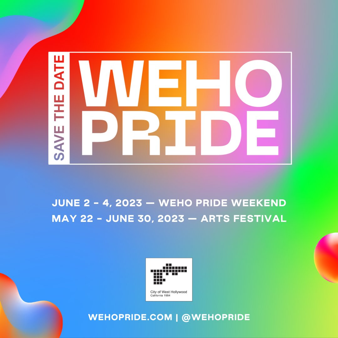 WeHoCity's tweet photo. We're thrilled to announce our 2nd annual WeHo Pride celebration, kicking-off on May 22, with the start of the WeHo Pride Arts Festival. #WeHoPride Weekend will run from June 2-4 w/ OUTLOUD @ WeHo Pride, the WeHo Pride Street Fair, and much more!

Details: https://t.co/YYD2fO4WKq https://t.co/Dz26wsY3fv