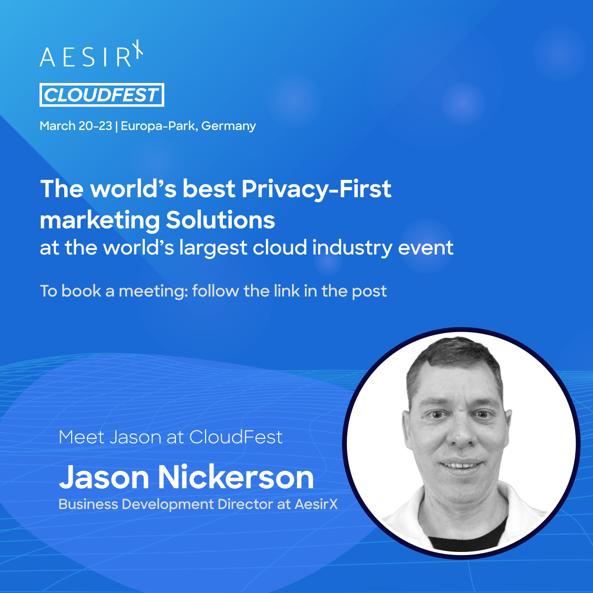 aesirxio's tweet photo. 📍 Meet Jason at #CloudFest 2023. 
If you're at the conference this year, stop by and meet Jason Nickerson, Business Development Director at AesirX - Open Source Privacy-First Solutions. 
📆 Schedule a meeting with Jason: https://t.co/frsTShCQZ3 https://t.co/dOGtEvRD94