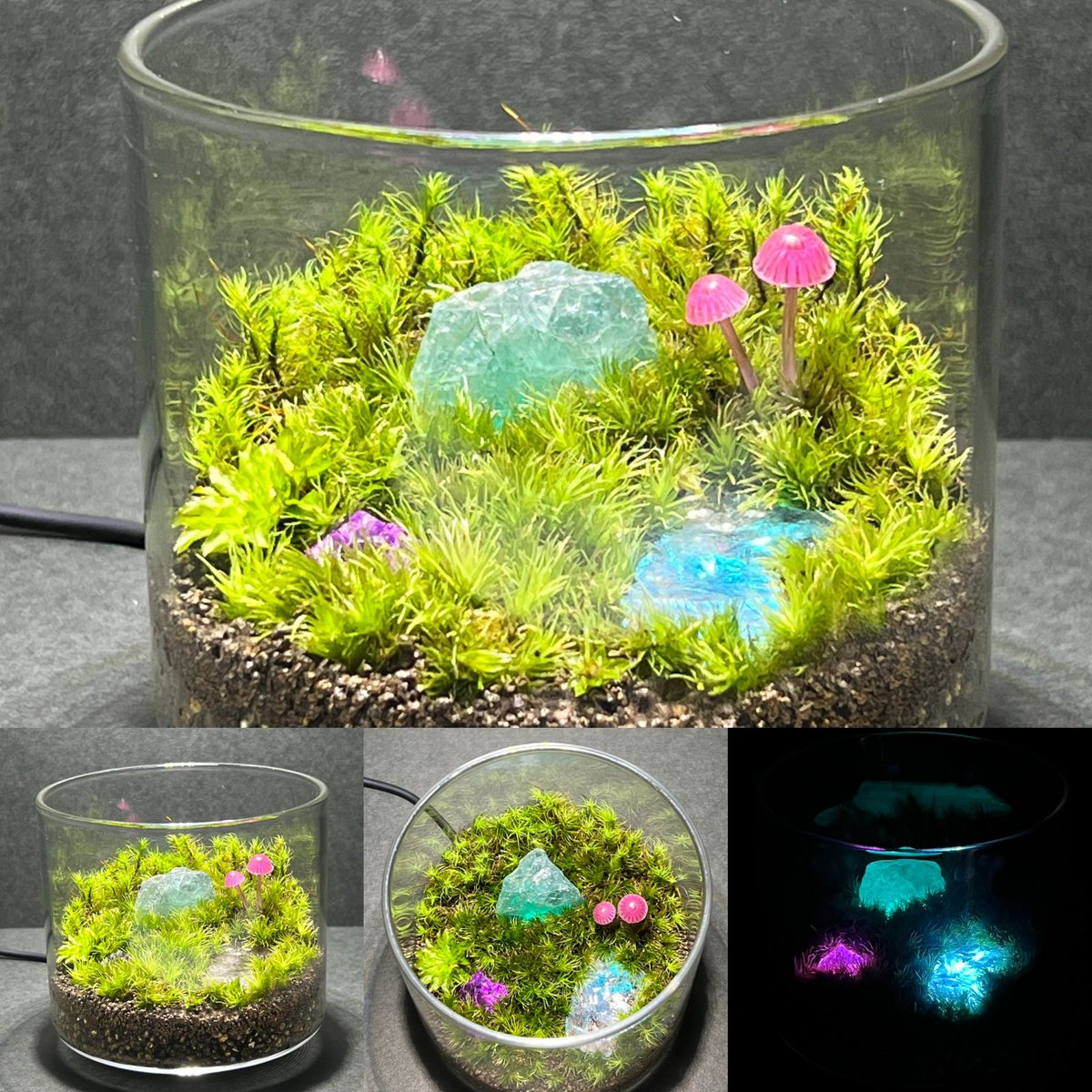 bouquetec's tweet photo. Maker Faire Kyoto 2023 に出展します。展示品の光る苔テラリウムを準備しています。フローライト、アメジスト、クリスタルの天然石がワイヤレス給電で光ります。ハナオチバタケのキノコはレジンです。

#mfkyoto2023 
#電子工作
#苔テラリウム
#mossterrarium
#キノコリウム
#光る苔テラリウム https://t.co/qWr5p4IVqp