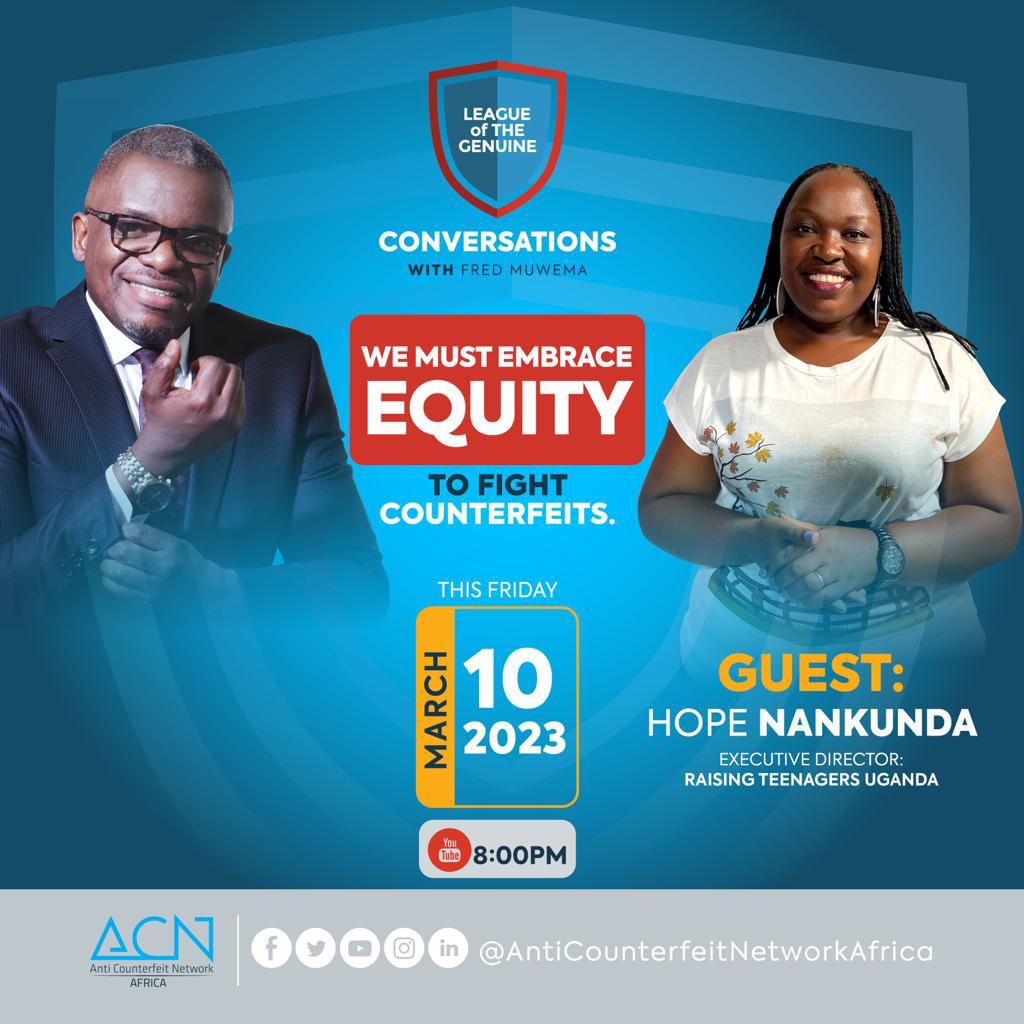 It’s Friday! It’s LOG Day! 🎙️

Join <a href="/FredMuwema/">Fred Muwema</a> as he hosts <a href="/nankunda20/">Hope Nankunda</a> discussing how we must embrace equity to fight counterfeits! 

Hope is a seasoned counselor and human rights advocate, proprietor of @RaisingTeensUg1 
Tune in at 8:00pm ⏰ to follow the conversation live!