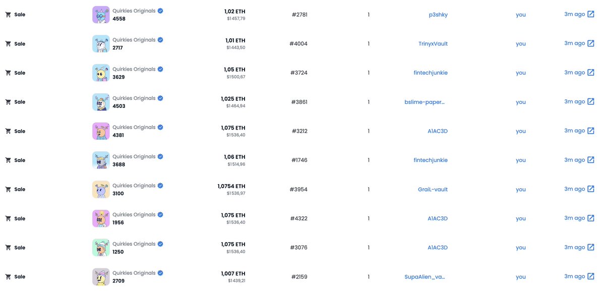 JHodlkins's tweet photo. Just swept 10 @quirkiesnft on Blur 🧹
Crypto down = perfect opportunity to support NFTs projects that deserve it 🔥
Heard some nice things are coming and I really love this community and its ambassadors. Only good vibes here ❤️ https://t.co/78srqL8K9g