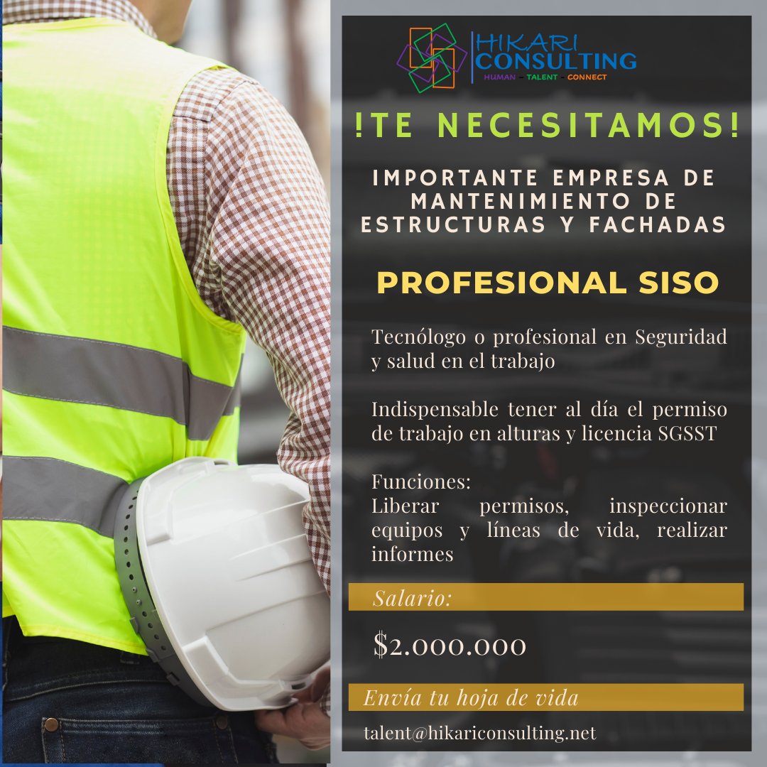 HikariCons's tweet photo. Oportunidad laboral en Bogotá
Envía tu hoja de vida a talent@hikariconsulting.net o copia este link:
https://t.co/tukgY1TrvR
#talent #empleo #empleobogota #empleocolombia #trabajosihay #trabajoya #recursoshumanos #talentohumano #perfil #buscotrabajo #quierotrabajo #siso #sgsst https://t.co/DC2f8exL00