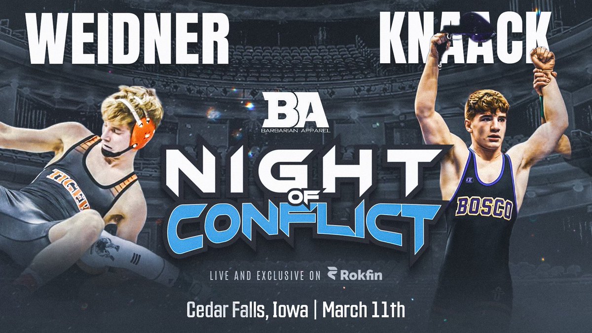 NEBwrestle's tweet photo. Landon Weidner vs Iowa State Champ Kyler Knaack Saturday at @IAwrestle’s Night of Conflict 🔥 https://t.co/HOsq6079sc