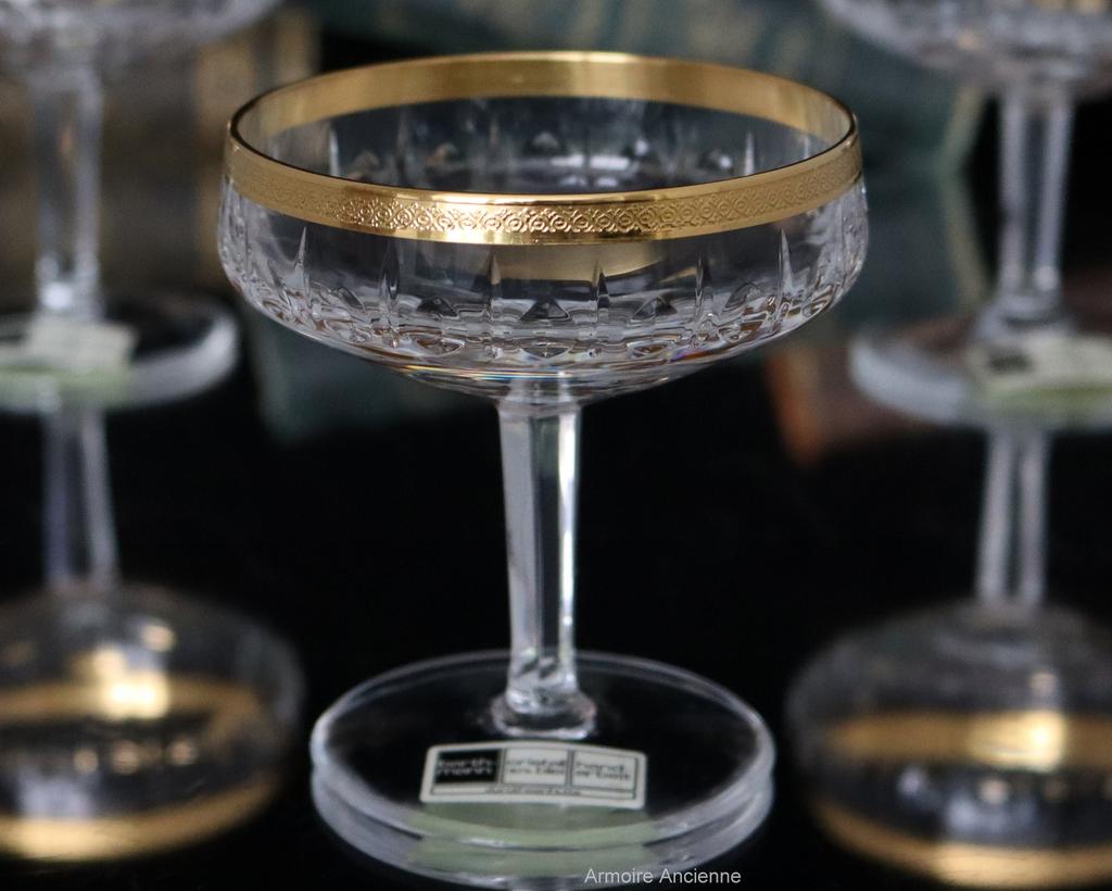 Crystal LIQUER COUPES - Cordial Saucers with Textured 999 Fine Gold Rim - BARTHMANN #goldrimglasses #crystalgoldglasses #barcart #giftsforhim #longdrinkglasses #highballglasses etsy.me/3l9vM13