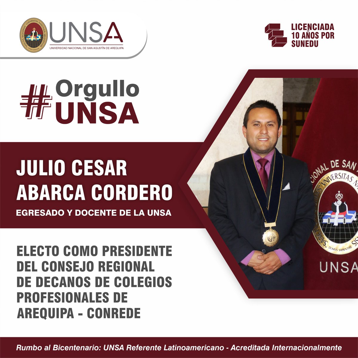 UNSA_Oficial's tweet photo. 👏 #OrgulloUNSA: El Dr. Julio Abarca Cordero, egresado y docente de la Casa Agustina se convirtió en el Decano Presidente electo más joven de la historia del Consejo Regional de Decanos de los Colegios Profesionales #CONREDE #Arequipa.

👉 https://t.co/VnrJUR6LHR https://t.co/l3x72EPqOH
