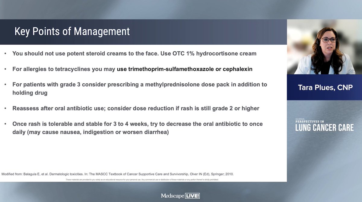 StephenVLiu's tweet photo. Some great tips on managing toxicities from #EGFR and #ALK kinase inhibitors from @PluesTara at #PLCClive23. Appropriate management of low-grade chronic toxicities so critical to qualify of life. #LCSM https://t.co/flqNIINcnE