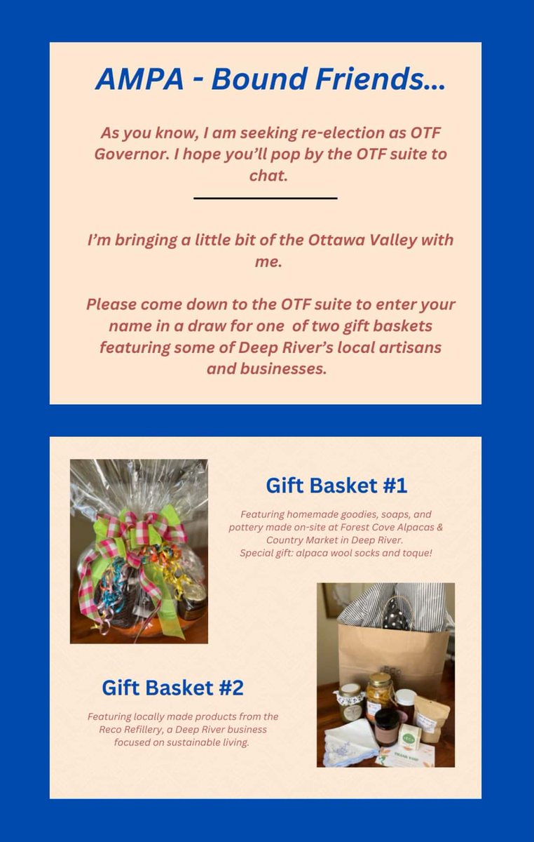 My friend @ShannonEvans28 , who is one of our very own from @osstfd28, is running for re-election as an OTF Governor. 💞 If you're attending AMPA, please plan to visit the OTF Governor suite to say hello & enter your name for a chance to win one of two Valley gift baskets!! 🎉