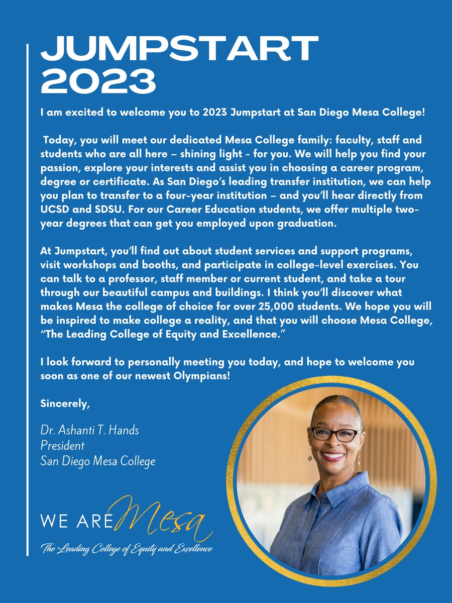 Our annual Jumpstart event is right around the corner and YOU DON'T WANT TO MISS IT! Come by March 11 from 8:30am - 12pm for an abundance of help for your educational journey. We'd love to see you there!💙💛
Follow this link to RSVP: sdmesa.edu/jumpstart