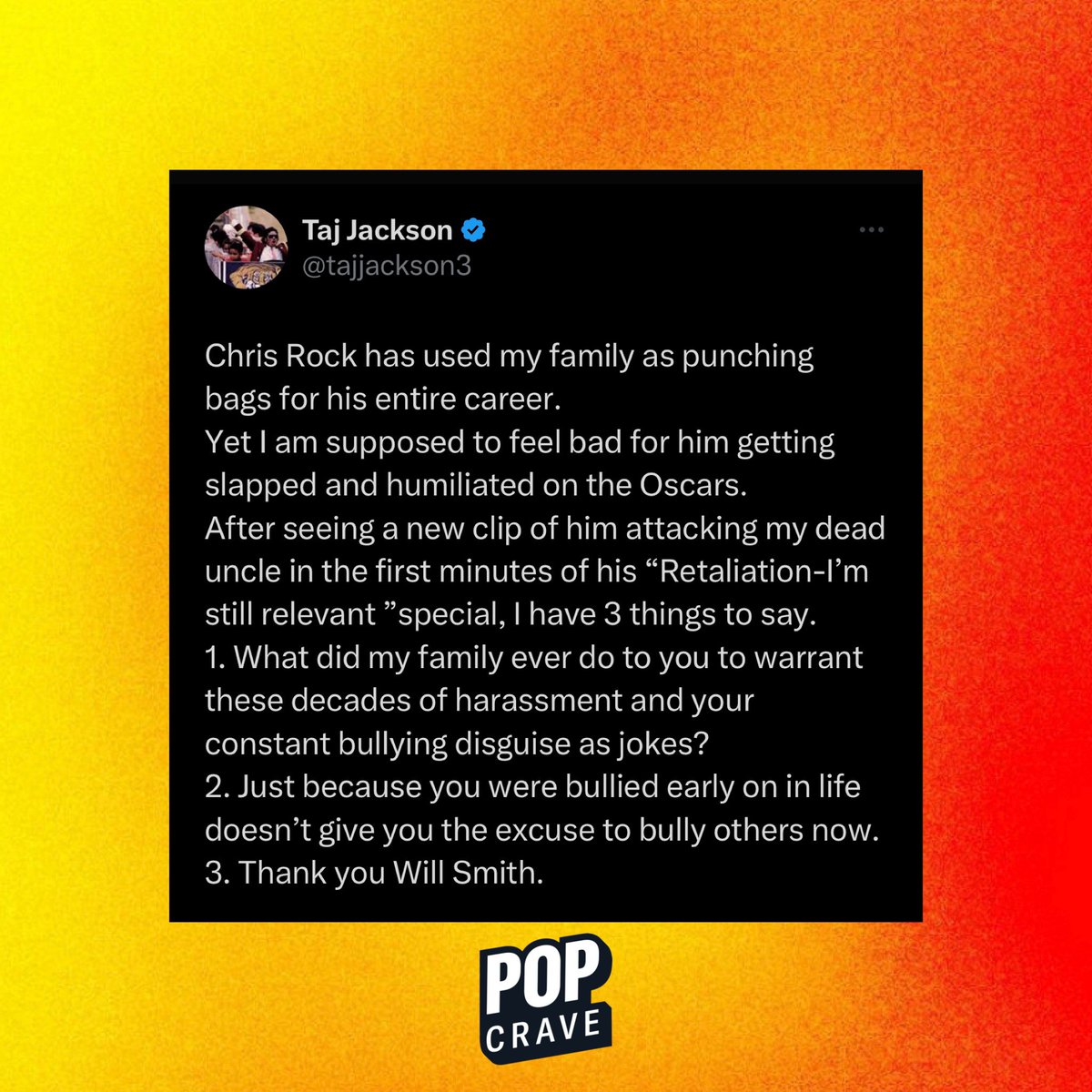 PopCrave's tweet image. Michael Jackson’s nephew thanks Will Smith for slapping Chris Rock.