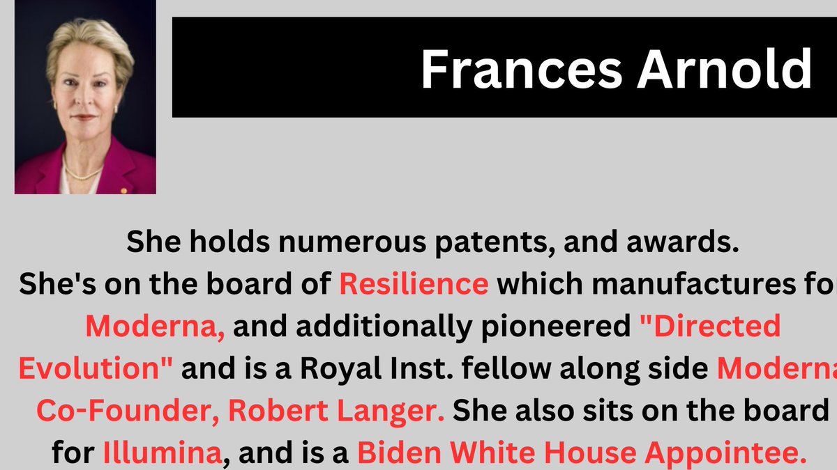 5/5🧵The wild part is her notoriety for pioneering '#DirectedEvolution' which is a process for 'breeding' proteins. A term we all remember from PV's expose on #Pfizer employee J.Walker.  CIA, Manufacturer 4 Moderna's jab, w/FDA & WH cabinet member?