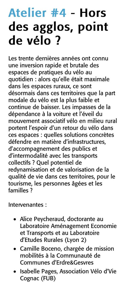 #CongresFUB2023
Avec  160 inscrits, l'atelier sur le vélo hors agglomération devient le + grand jamais organisé par la <a href="/FUB_fr/">FUB</a> en congrès

Avec Camille Boceno, Isabelle Pages et Alice Peycheraud nous vous donnons rdv dans le grand auditorium pour débattre sur ce thème passionnant