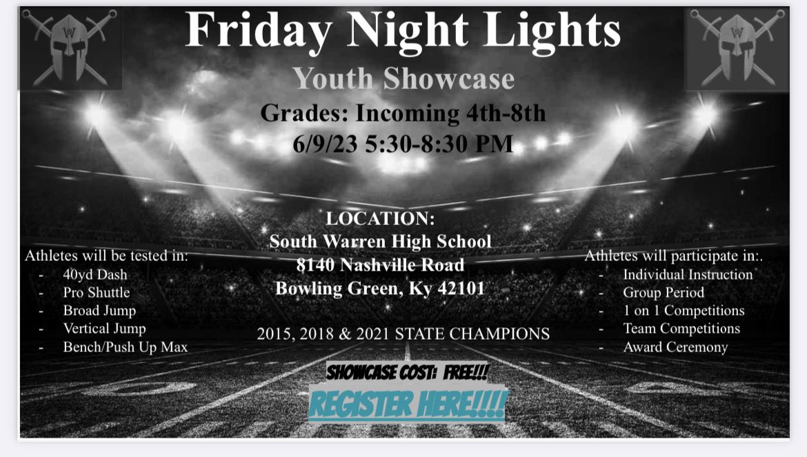 SouthWarrenFB's tweet photo. Spartan Youth Showcase will be held on Friday, June 9th from 5:30-8:30 pm. If you have any questions feel free to contact @coachkennyd 
 @SWSpartanAthl @JresRockets @SouthWarrenHigh @PlanoPanthers @RichPondElement @RockfieldE @SWMSFootball @JresRudolph 

https://t.co/PVNMwgux4I https://t.co/k3ueGmWxVR