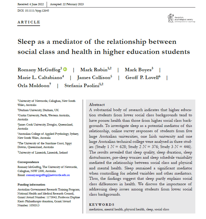 Social class, sleep, and health:

Our new research, led by <a href="/RomanyMcGuffog/">Romany McGuffog</a> suggests that poorer quality sleep partly explains social class differences in mental and physical health among students in higher education.

Open access: doi.org/10.1111/bjop.1…