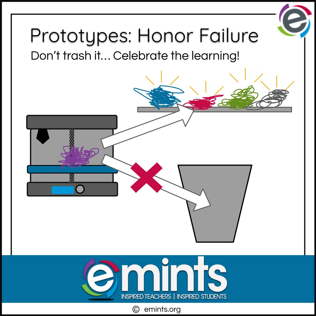 higginsb's tweet image. We may be tempted to de-clutter, but all prototypes are evidence of the learning process. Failures that inform future iterations are celebrations of progress. Instead of complimenting the outcome, congratulate the effort.

@emintsnc #eMINTS #emintsTips #TipCards