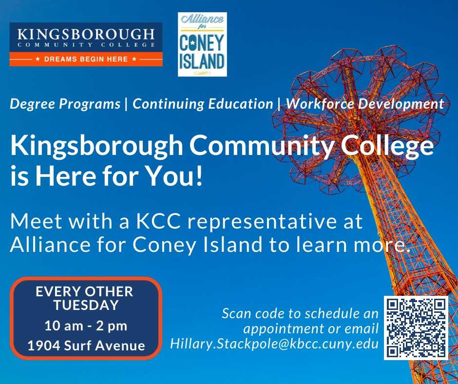 CEWDKCC's tweet photo. Coney Island Residents! Want to learn about our programs and services? Chat with a KCC representative at Alliance for Coney Island every other Tuesday. Join us on March 21. Scan the code, https://t.co/D6vUOiSoHu or email Hillary.stackpole@kbcc.cuny.edu to schedule an appointment. https://t.co/17B1oErhK7