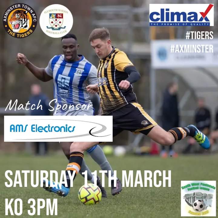 Axminstertownfc's tweet photo. Just a reminder that we are at home on Saturday vs @MarjonPlymouth.  Our youth families benefit from free entry. Why not come along and cheer on the Tigers - a warm welcome awaits. Thank you to AMS Electronics for kindly sponsoring this match.
#Tigers 🐅#Axminster 🧡#COYTigers⚽️ https://t.co/jvf9IAEmVe