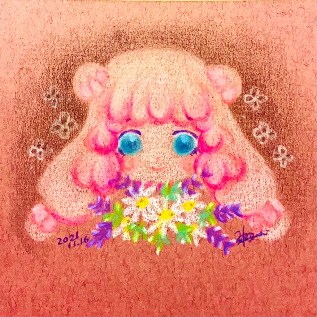 1girl solo flower blue eyes pink hair double bun hair bun  illustration images